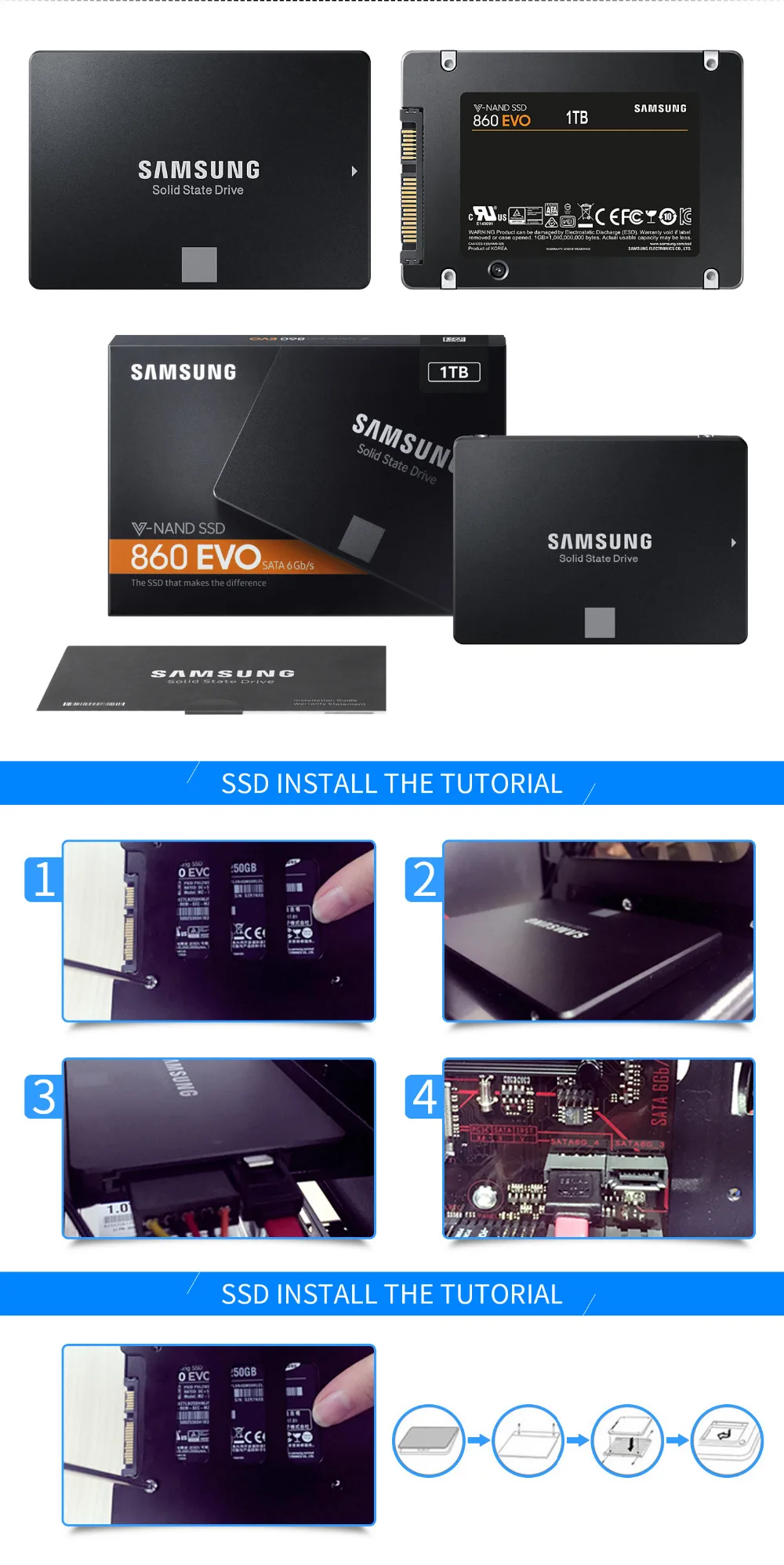 SAMSUNG SSD 500 Гб 250 860 EVO Внутренний твердотельный жесткий диск SATAIII SATA3 HDD большая емкость укладчика 1 ТБ для ноутбука, настольного компьютера