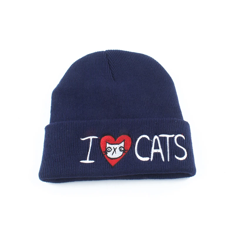 Мультфильм шапка CAT шляпа Для женщин Зимняя вязаная Кепки для женские носки для девочек в стиле «хип-хоп» головные уборы Skullies Beanies с надписью «I LOVE с вышитым котом теплые Шапки