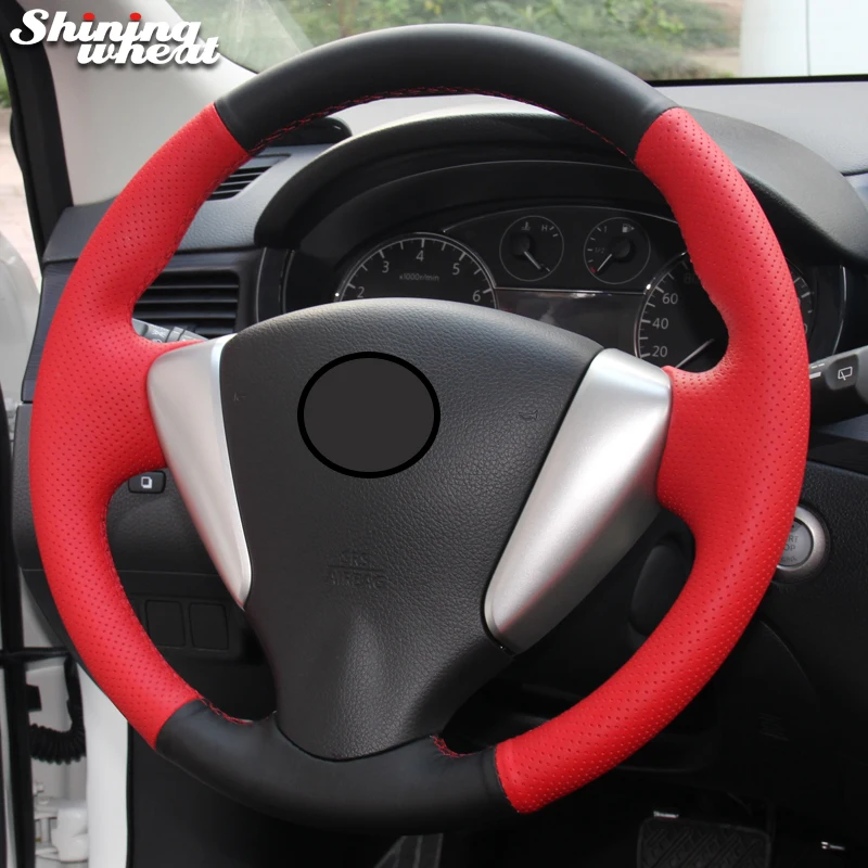 

Hand Sew Genuine Black Red Leather Car Steering Wheel Cover for Nissan Tiida Sylphy Sentra Versa Note 2014-2017