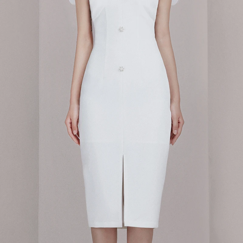 Женское офисное платье Max Spri белое однотонное шифоновое с v-образным вырезом и