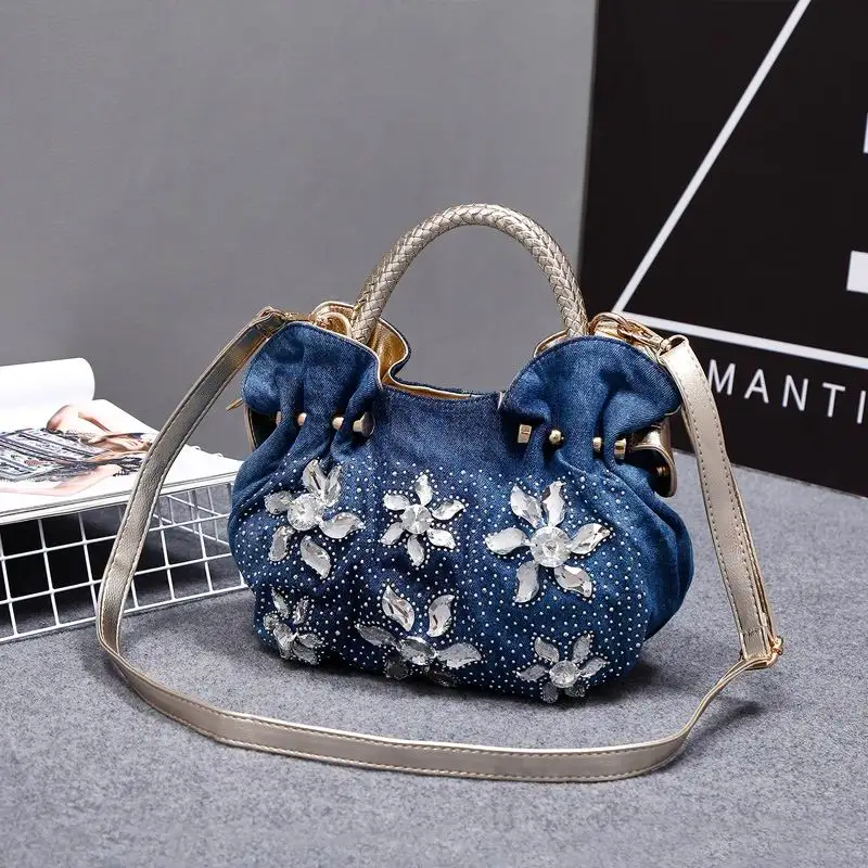 Женские джинсовые сумки с аппликацией винтажные ручные вечерние тоут бусинами
