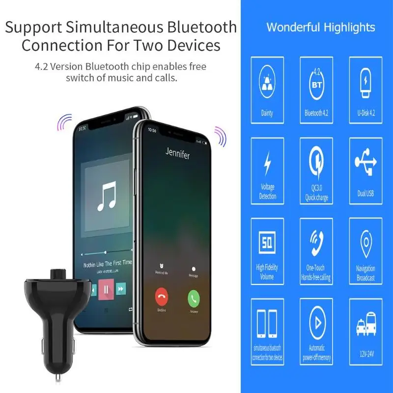 QC3.0 беспроводной Bluetooth автомобильное USB зарядное устройство FM модулятор