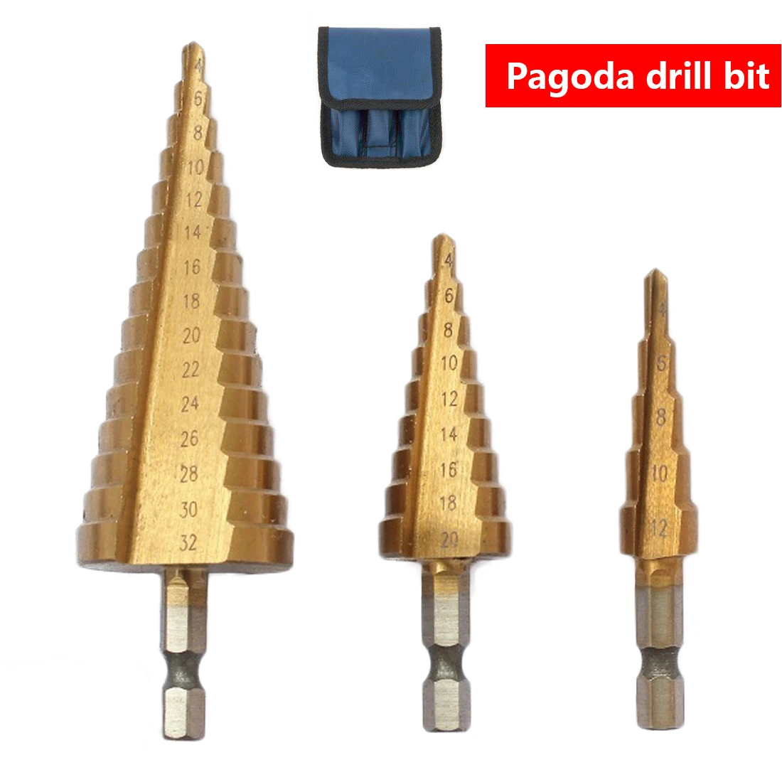

3pcs 4-12/ 20/ 32mm Metric Spiral Flute Step HSS Steel 4241 Cone Titanium Coated Drill Bits Tool Set Hole Cutter With Pouch