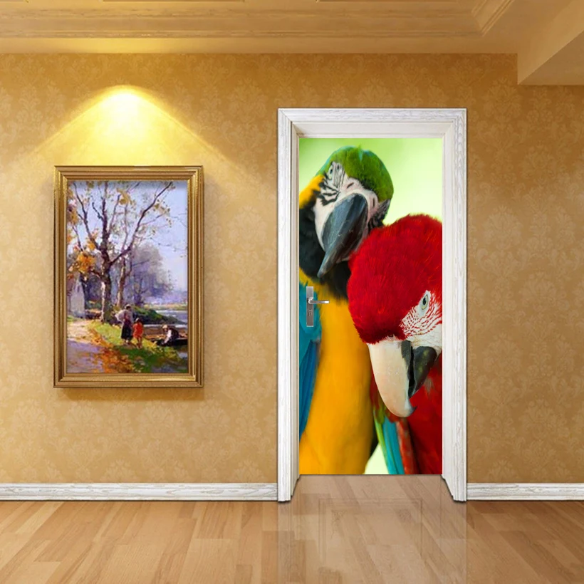 Free shipping 3D lover parrots art Door Sticker for Bedroom Living Room gift PVC Waterproof Decal door wrap 77*200cm | Дом и сад