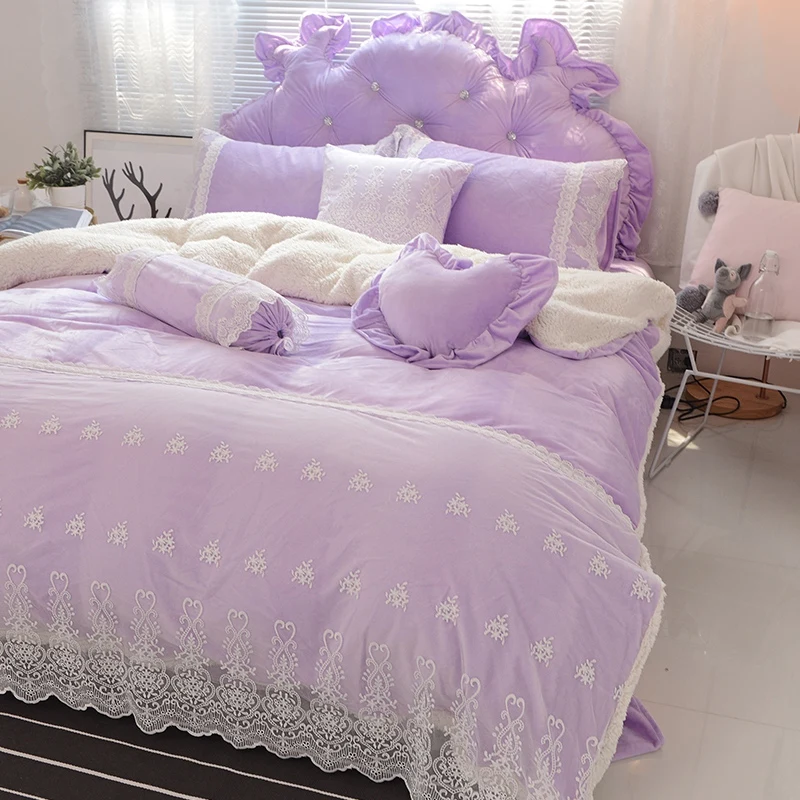 Blue Pink Purple Soft Berber Fleece Princess Girl White Lace Bedding Set Fleece Fabric Duvet Cover Bed sheet/Linen Pillowcases