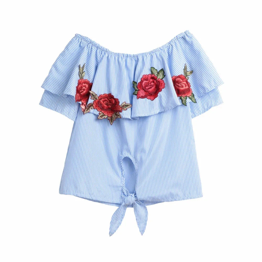 Женский топ в полоску с цветочной вышивкой и открытыми плечами Элегантная блузка