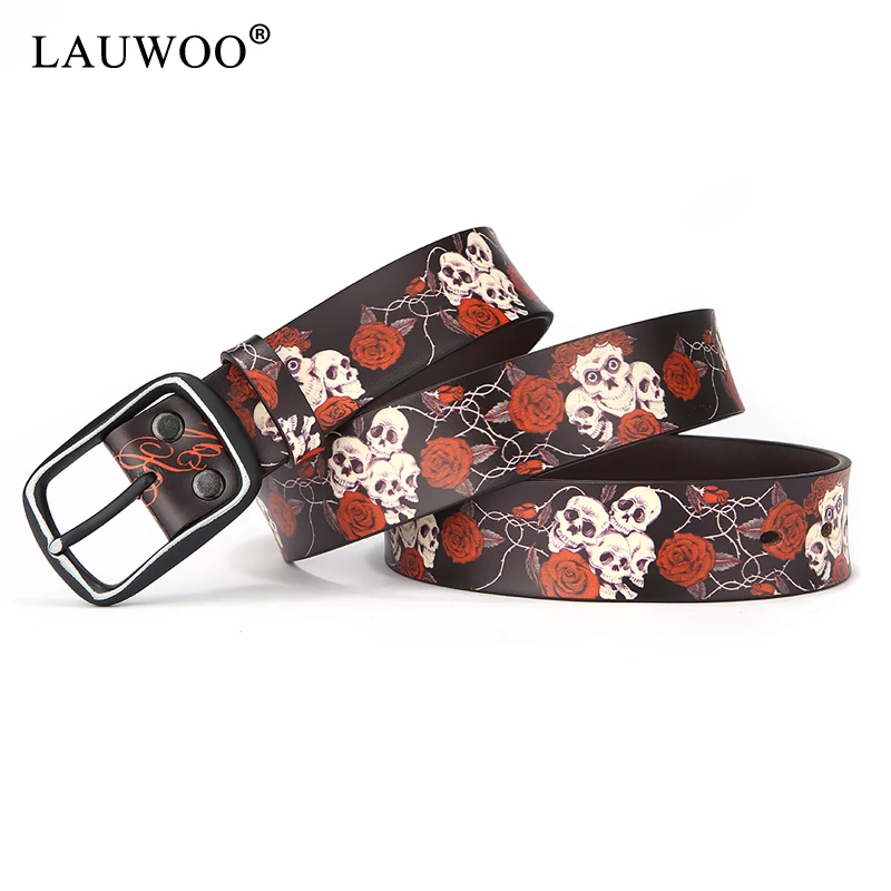 LAUWOO,, модный ремень из натуральной кожи, хип-хоп, Череп, красная роза, с принтом, ремень для женщин, мужчин, cinto de couro, ремни для джинсов