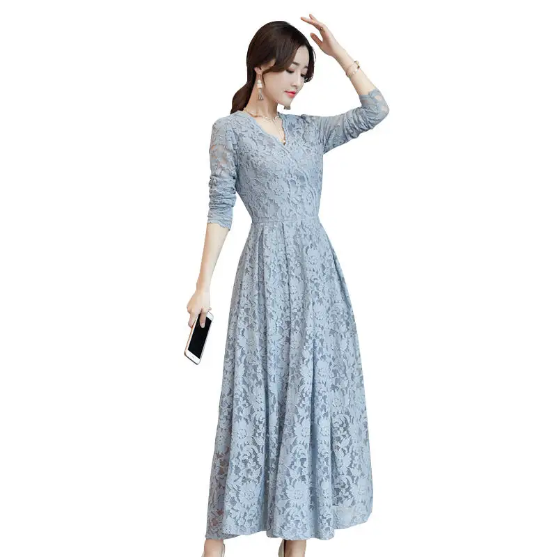 Элегантное кружевное платье весеннее с v образным вырезом модное длинное макси