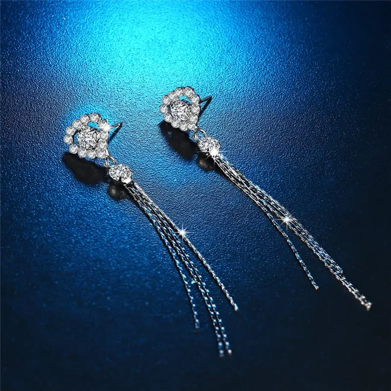 

KOFSAC Fashion 925 Sterling Silver Stud Earrings For Women Love Heart Crystal Long Chain Tassel Earring Bridesmaid Top Jewelry