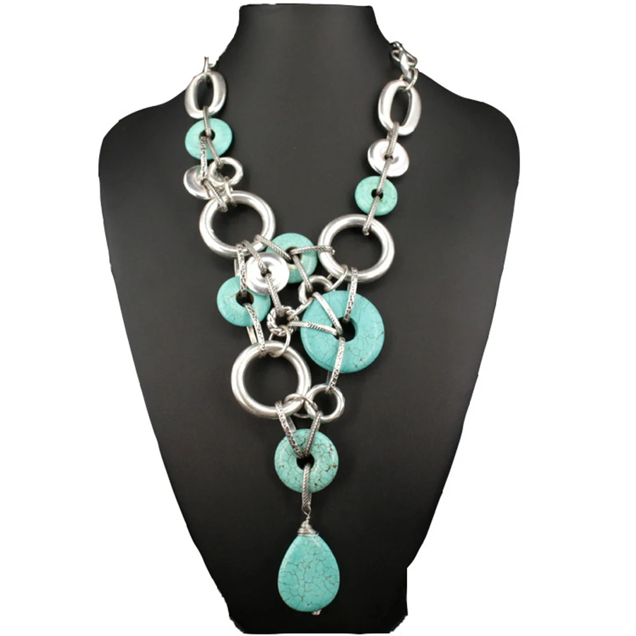 Богемное винтажное серебряное ожерелье с искусственным камнем бирюзовое