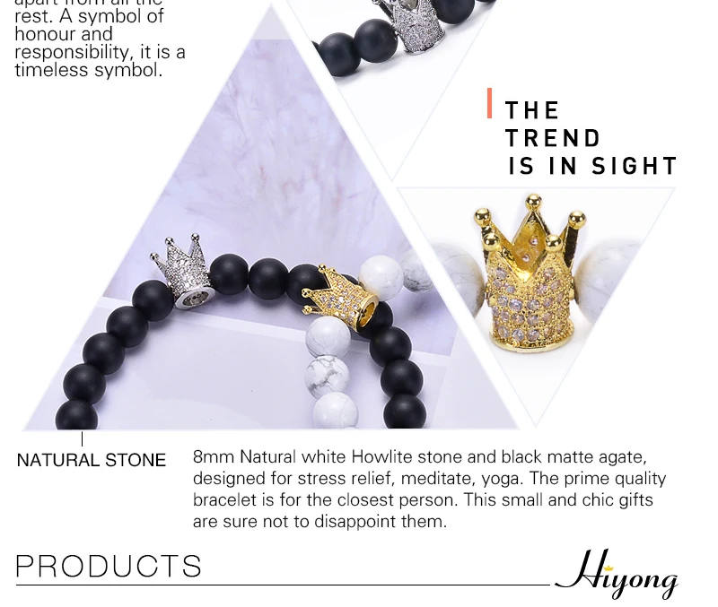 HIYONG 8 мм черный матовый белый Howlite Парные браслеты CZ Корона Король Королева натуральный камень Бусины Браслеты Шарм расстояние браслет