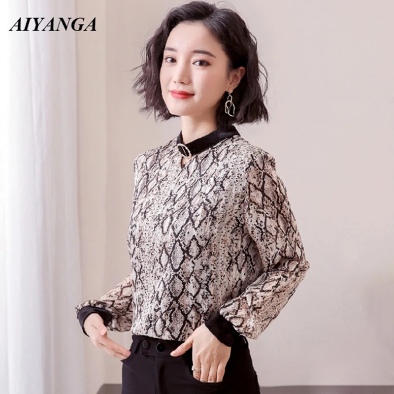 New Chiffon Shirts Womens 2019 Spring Blouses and Pullovers Blouse snake Print Plus Size Long Sleeve Shirts For Office Lady