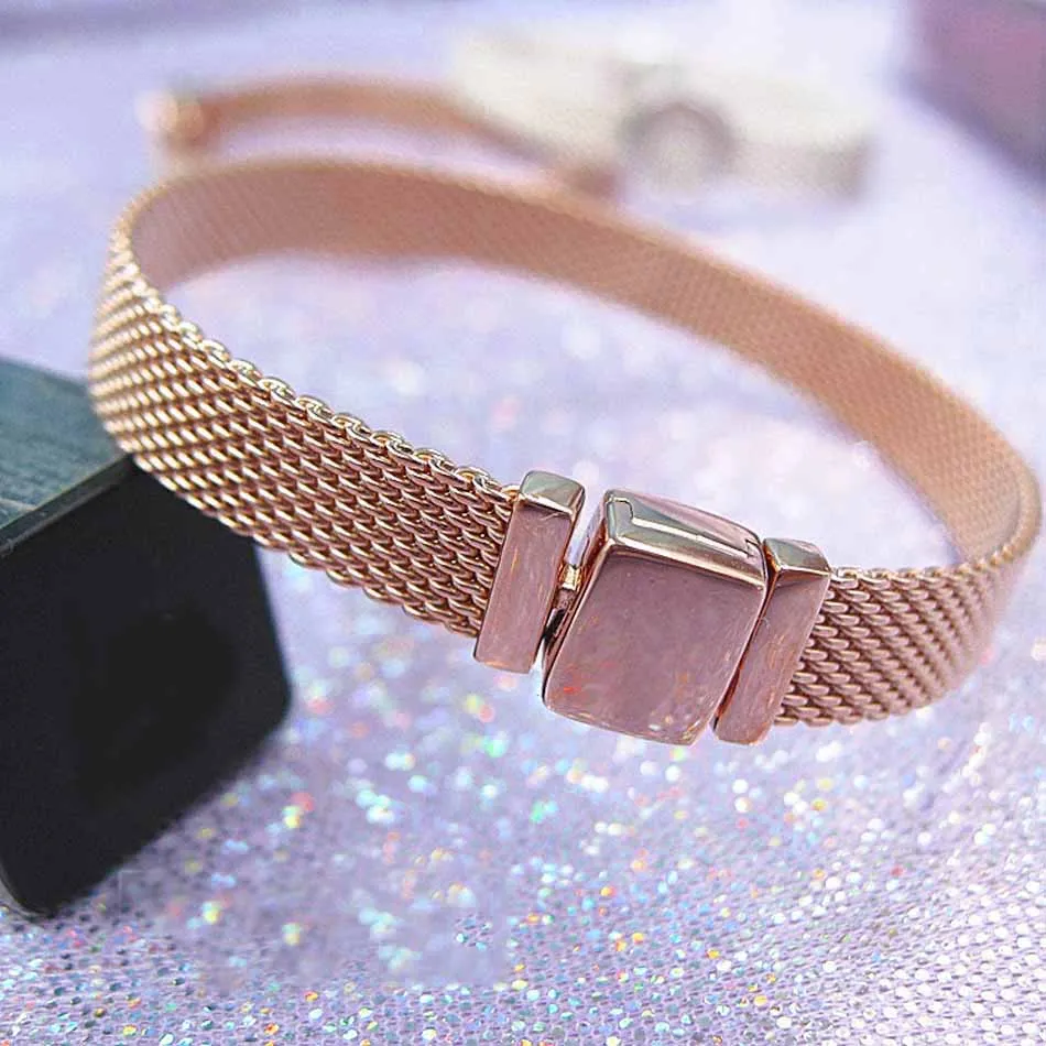 Rose Gold FEERIJT подлинный Браслет из стерлингового серебра 925 пробы с гравировкой логотипа подходящая Европейская Подвеска Модные женские ювелирные изделия DIY - Окраска металла: Rose Gold