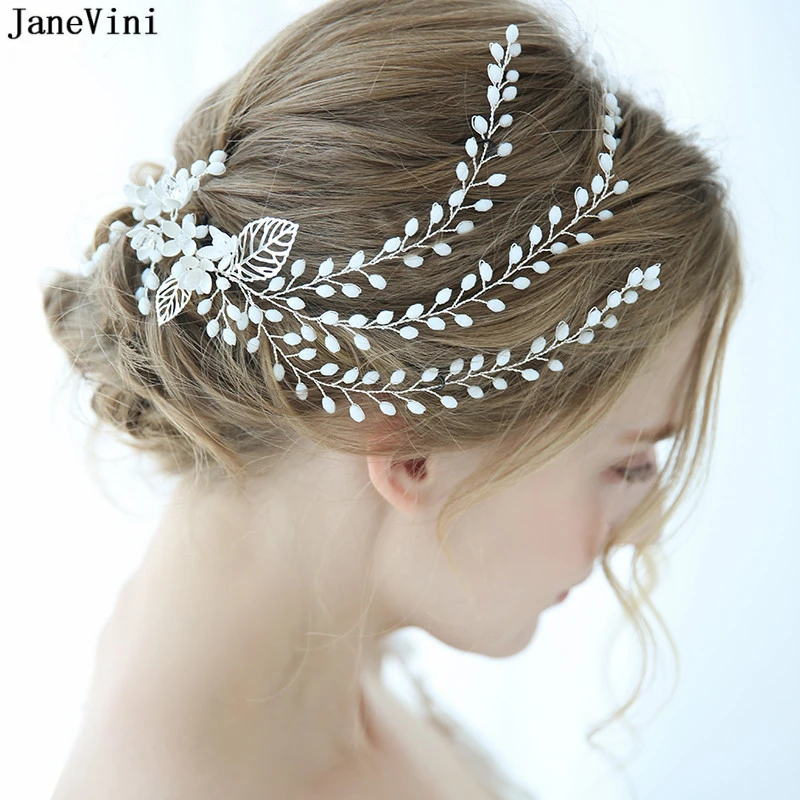 

JaneVini Elegant Silver Leaf Wedding Headband Beading Bridal Hairbands Crown Headpiece Headwear Brides Jewelry Hair Accessories