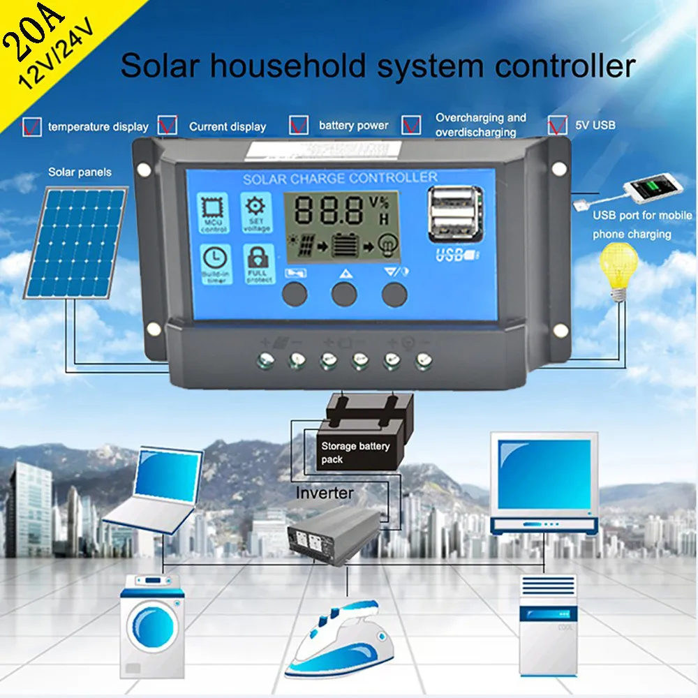30A/20A/10A 12V 24V автоматическая работа за максимальной точкой мощности Солнечный