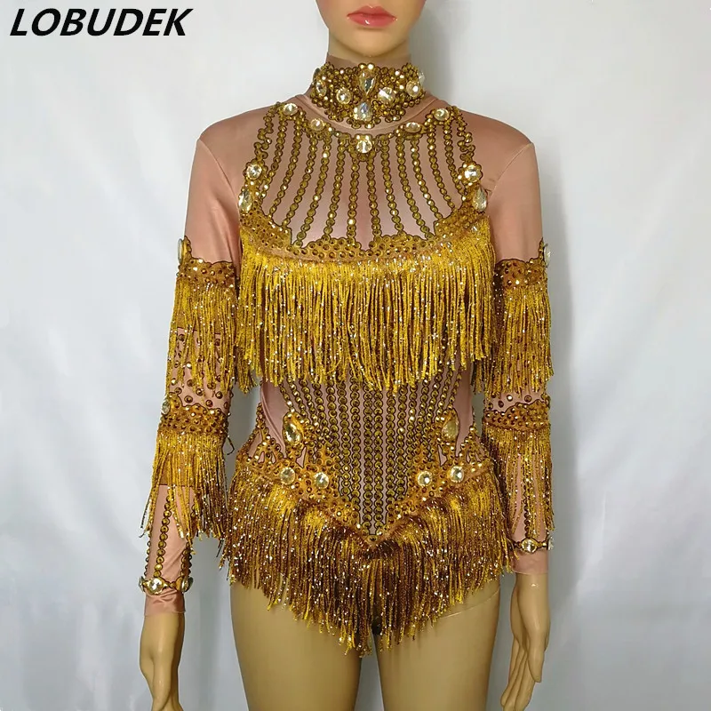 

Gold Tassels Crystals Bodysuit Long Sleeve Stretch Rhinestones Jumpsuits Sexy Party Zentai Stage Outfit Nightclub Lady Costume