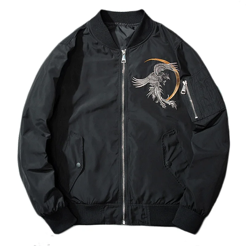 SRTM Mens Black Bomber Jacket Phoenix Moon Embroidery Floral Aviator Jacket Military Style Baseball Jacket For Men Flight Coat