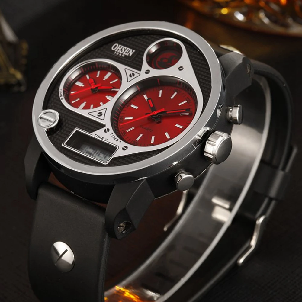 Мужские кварцевые часы Ohsen красные цифровые с силиконовым ремешком и дисплеем 50 м