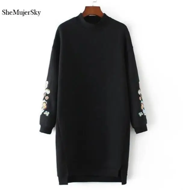 Black SheMujerSky, Женская толстовка, длинное платье с капюшоном, с цветочной вышивкой, moleton feminino, пуловер для женщин, зима - Цвет: Black