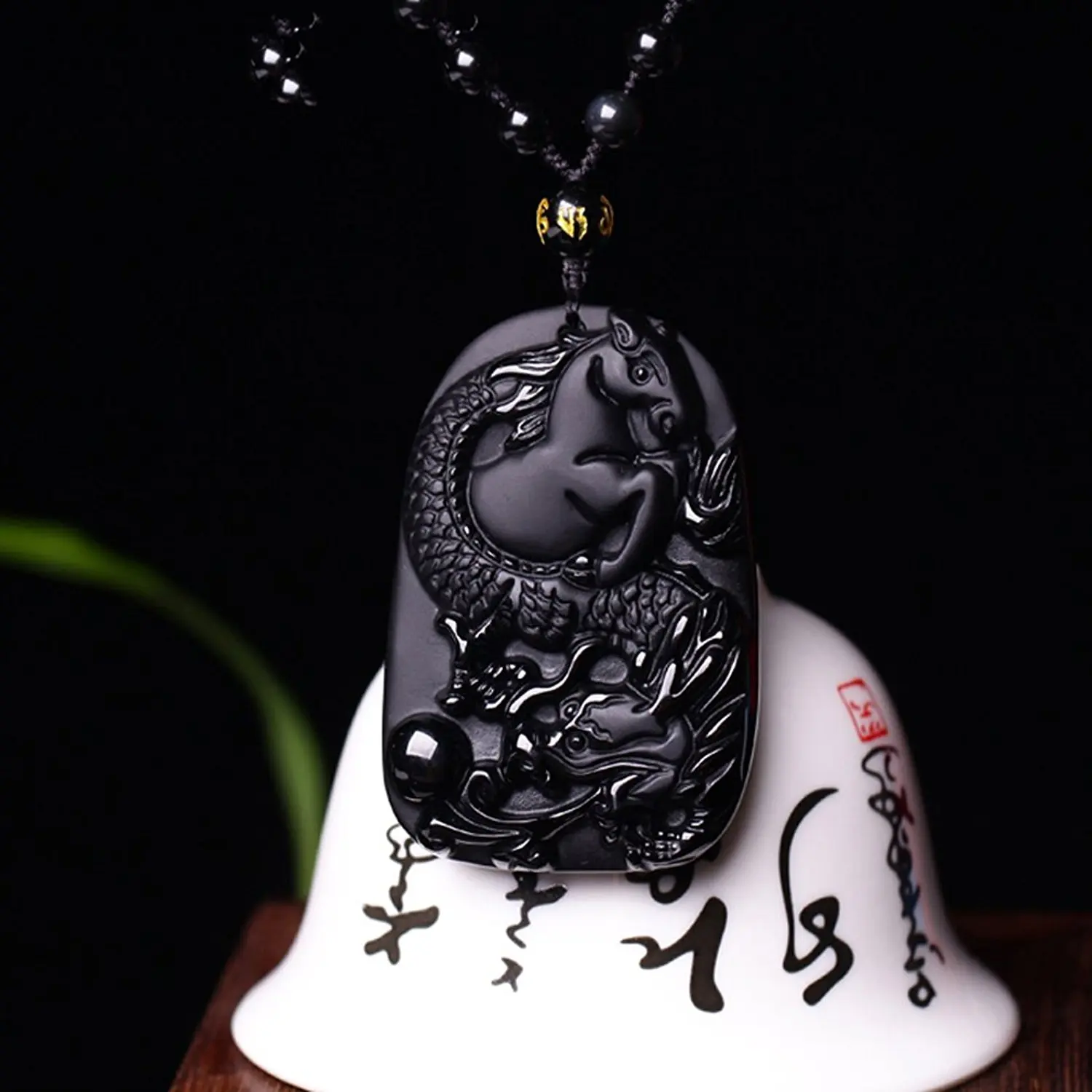 Koraba Fine Jewelry ручной резной Obsidian Lucky богатых Дракон Лошадь Подвеска Цепочки и