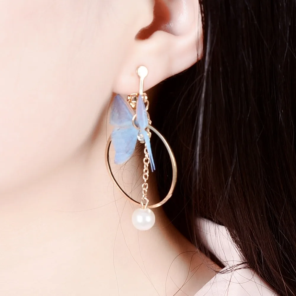 Женские асимметричные серьги с жемчужинами круглые клипсы бабочкой вечерние