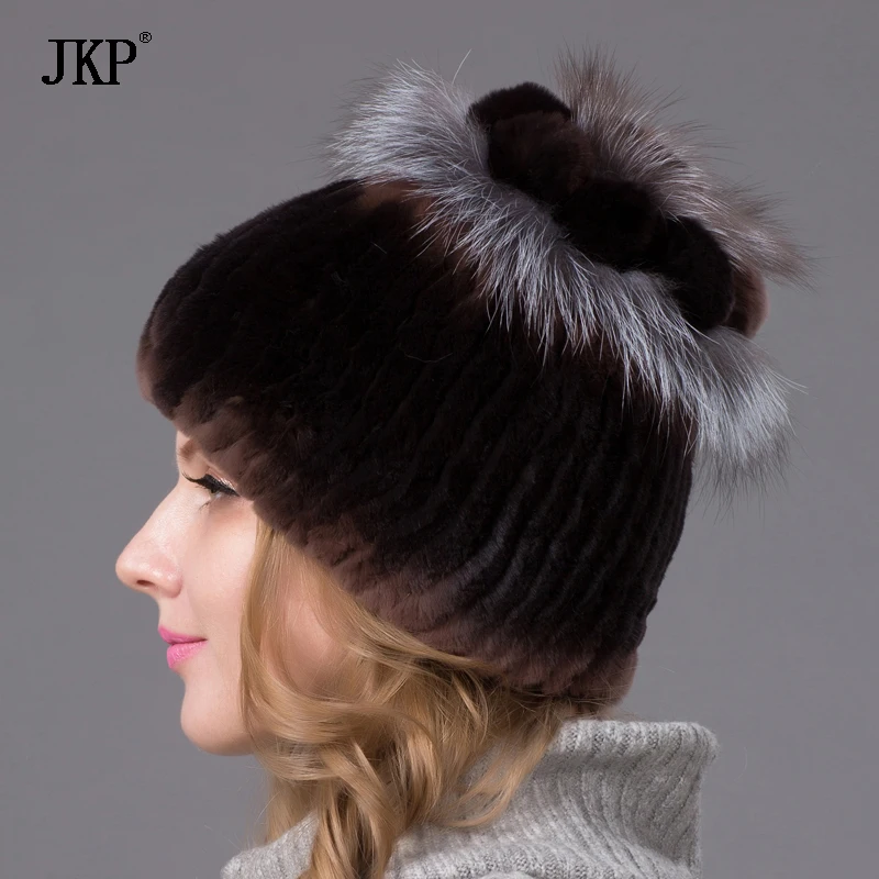 

Winter fur hat for women real rex rabbit fur hat with silver fox fur flower knitted beanies fur cap