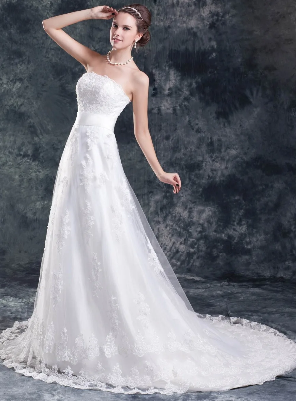 2017 Beaded Applique Lace Wedding Dress Strapless A Line Garden Dresses Court Train Bridal Gowns Cheap vestido de noiva | Свадьбы и