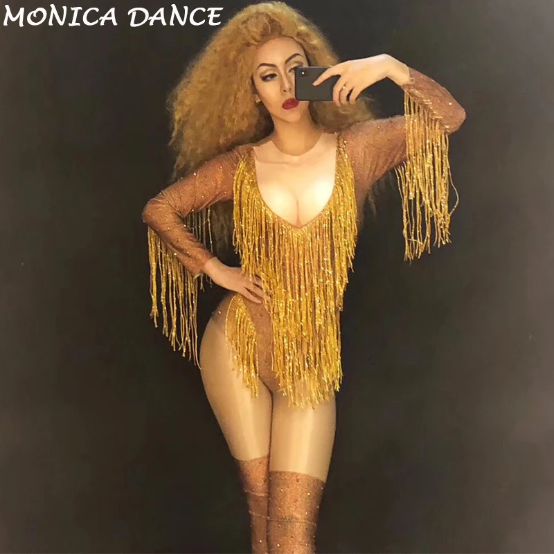 Women Sexy Stage Gold Tassel Dj Bodysuit Stage Wear Dancer Singer Bling Costumes Nightclub Party Performance Show Dance Costumes