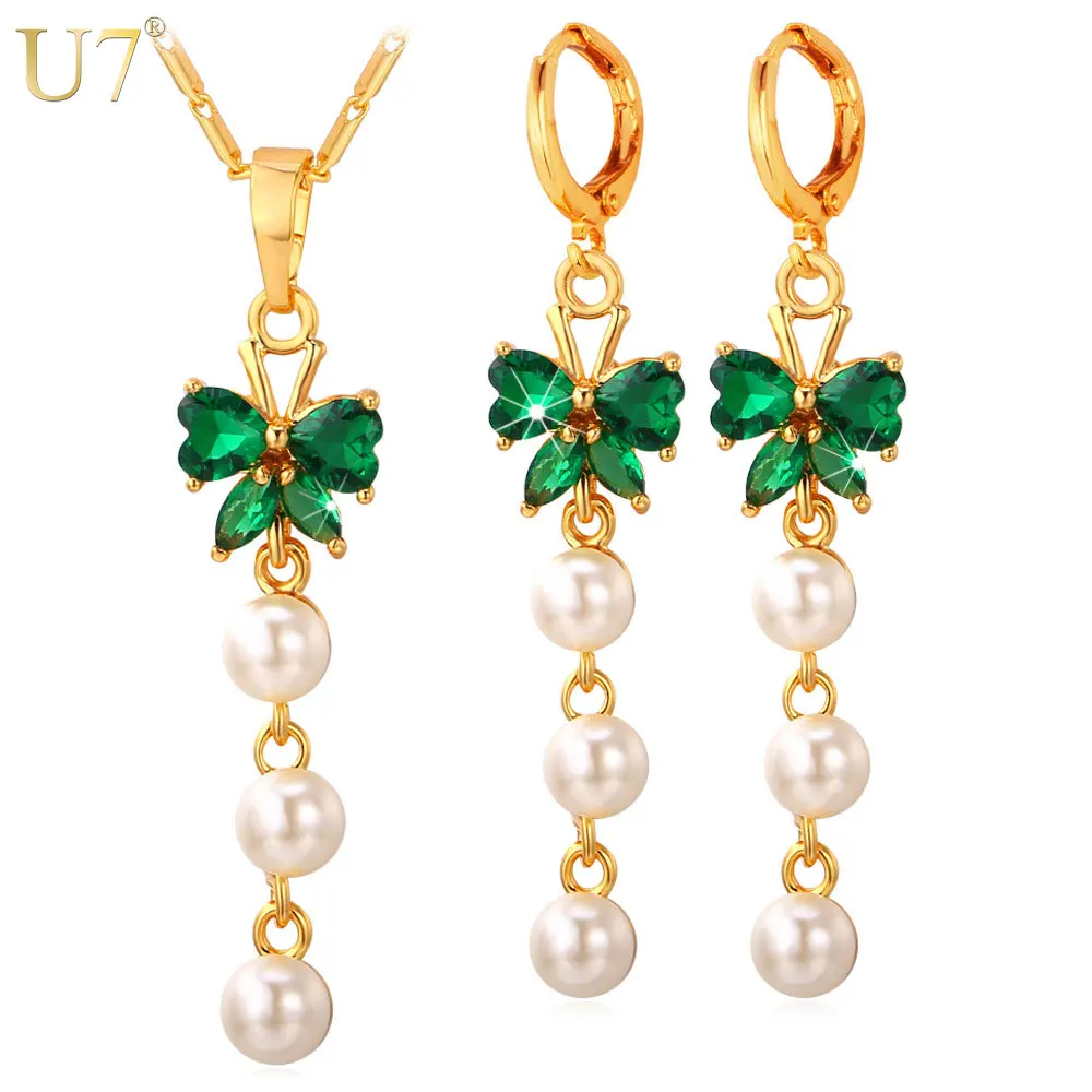 U7 Золотой/Серебряный Цвет Синтетический Жемчуг Ожерелье Серьги С зеленом Камнем