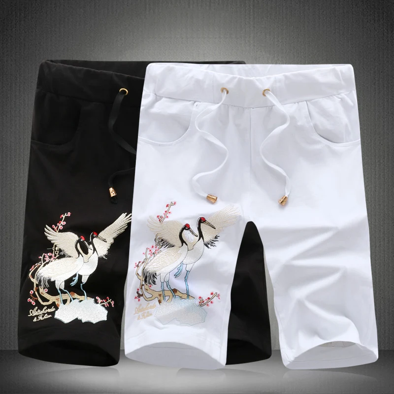Новые модные летние шорты комплекты Для мужчин s Повседневное Crane Embroidery костюмы для Для мужчин китайский Стиль костюм с принтом Футболка+ брюки M-5XL