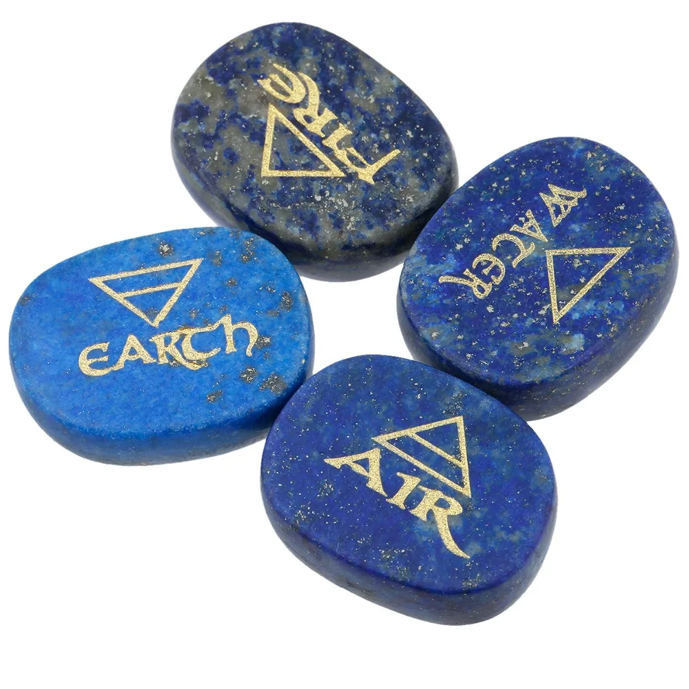 TUMBEELLUWA 1Set (4Pc) Lapis Lazuli Palm Stone Engraved Element Symbols Healing Crystal Reiki Air Water Fire Earth |