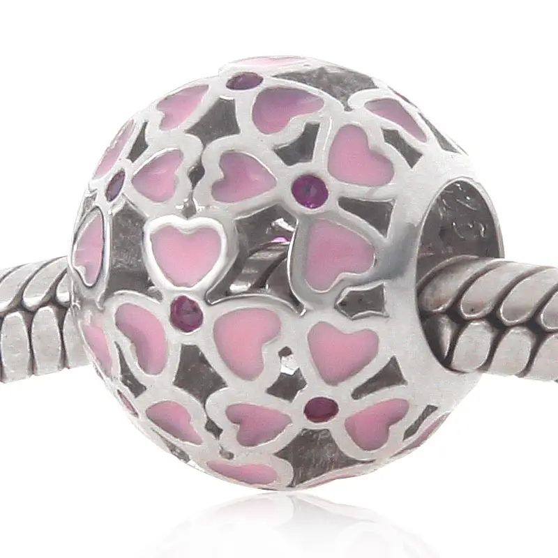 Аутентичные стерлингового серебра 925 розовый сердца бисера цветочный Шарм