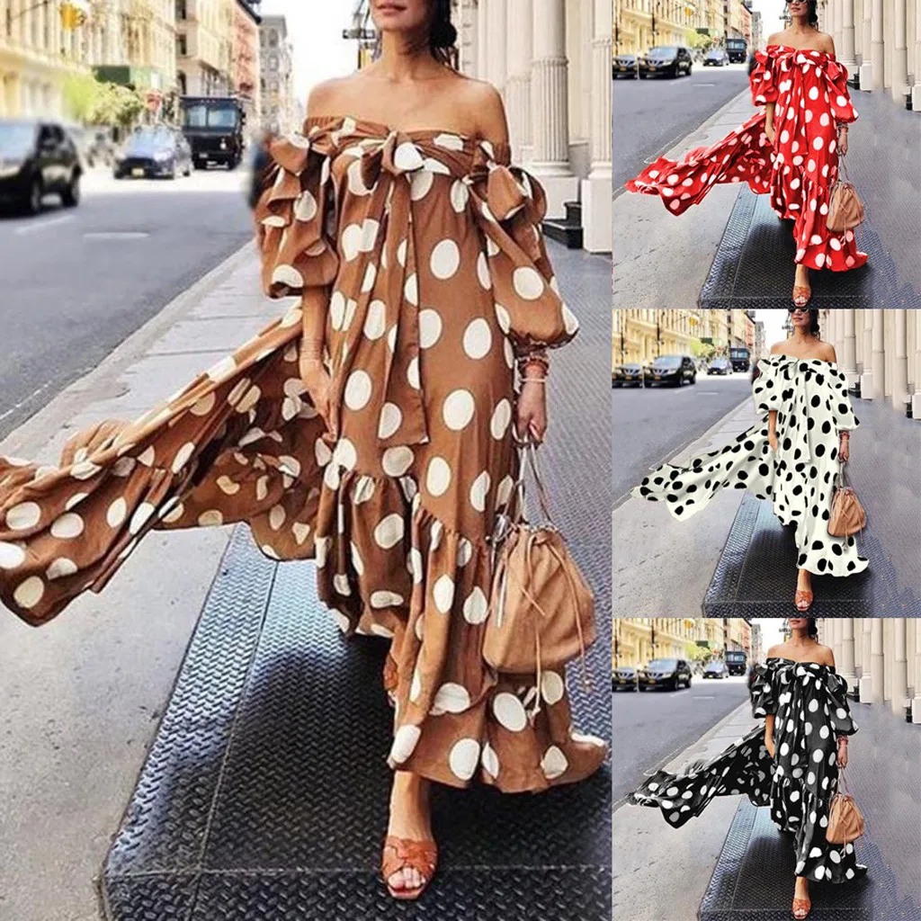 Женское кружевное платье с принтом в горошек длинное бантом и открытыми плечами