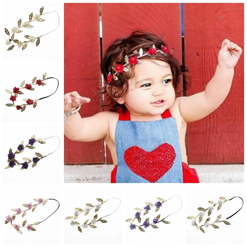 

Yundfly Newborn Rose Flower Headband Gold Leaves Elastic Children Hair Band Outdoor Party Headwear Kids Hair Accessories