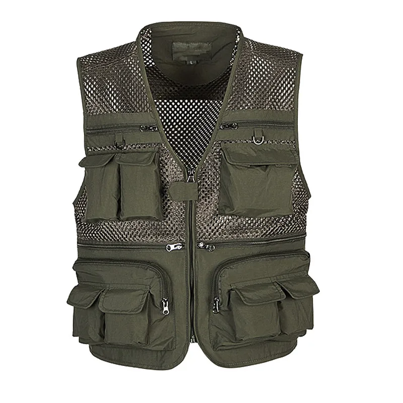 Army green Мужской летний жилет для фотографа, сетчатая Рабочая куртка без рукавов, разгрузочный тактический жилет, пальто, модный инструмент, много карманов, мужской жилет - Цвет: Army green