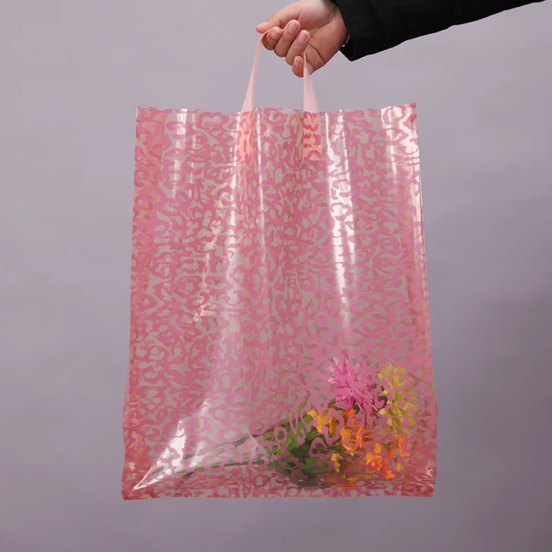 Фото 50 шт 30*41 см Большая пластиковая сумка с ручкой Розовая прозрачная для одежды