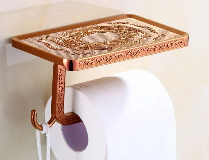 

Bathroom Shelves Antique Carving Toilet Roll Paper Rack with Phone Shelf Wall Mounted Bathroom Paper Holder Hook