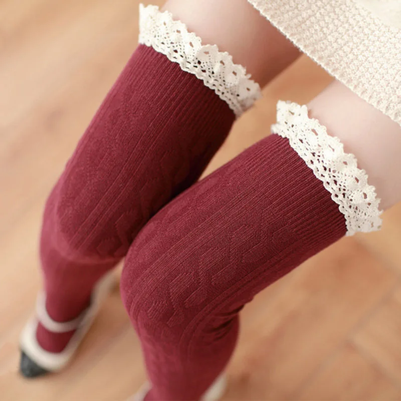 Red stockings Для женщин Кружевные Гольфы Женские поворот более гетры высокие Вязание длинные чулки для девочек - Цвет: Red stockings