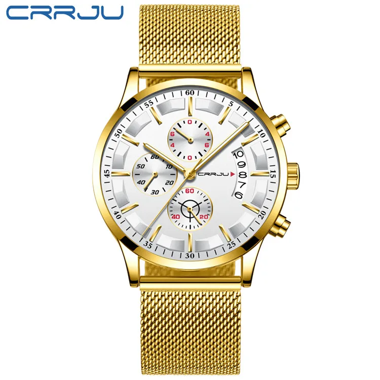 mesh gold white CRRJU роскошный бренд новые мужские наручные часы в деловом стиле Хронограф Дата из нержавеющей стали Кварцевые наручные часы мужские подарки часы - Цвет: mesh gold white
