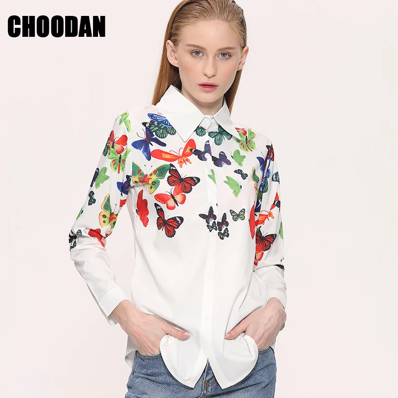 Женская блузка с длинным рукавом элегантная белая цветочным/принтом бабочек в