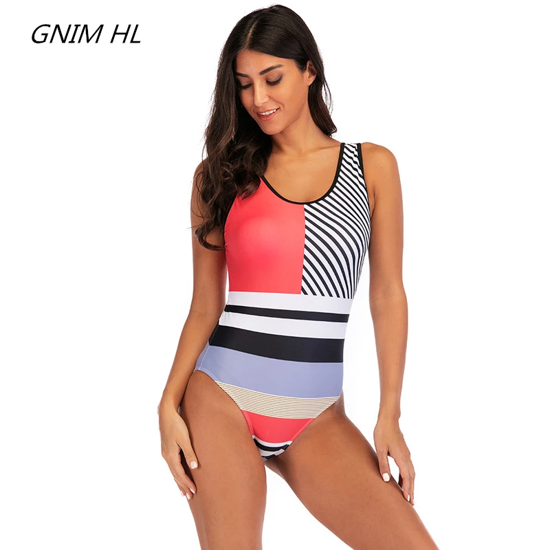 Цельный купальник женский 2019 новый полосатый принт Высокая талия Бикини