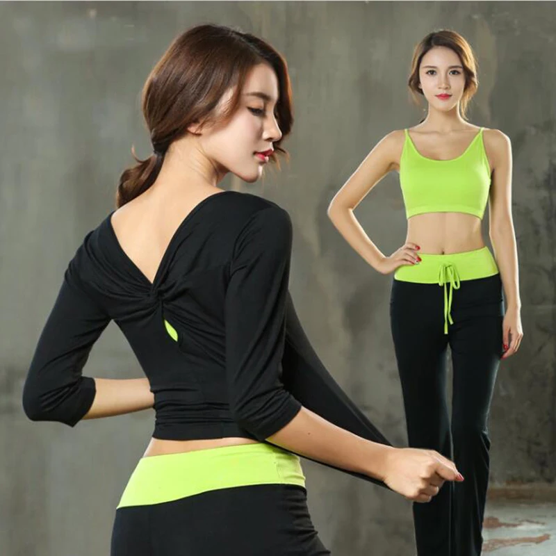 3 шт./комплект женские комплекты для йоги Модальная футболка + бюстгальтер пуш-ап