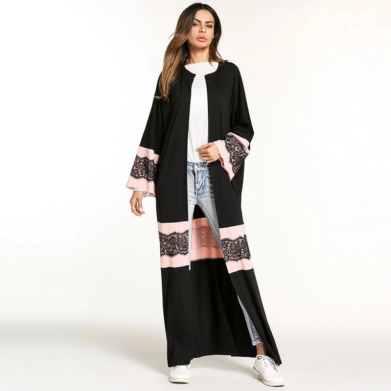 Рамадан мусульманское Абая кружево черное лоскутное длинное платье кимоно Jubah