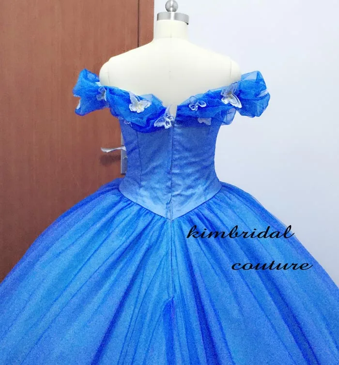 Actual Image Evening Dresses Gowns Court Train Off the Shoulder Butterfly Blue Ball Gown Cinderella Prom Dresses Real Picture