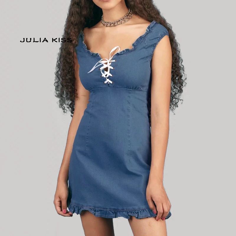 Женское мини-платье со шнуровкой спереди и оборками | Женская одежда