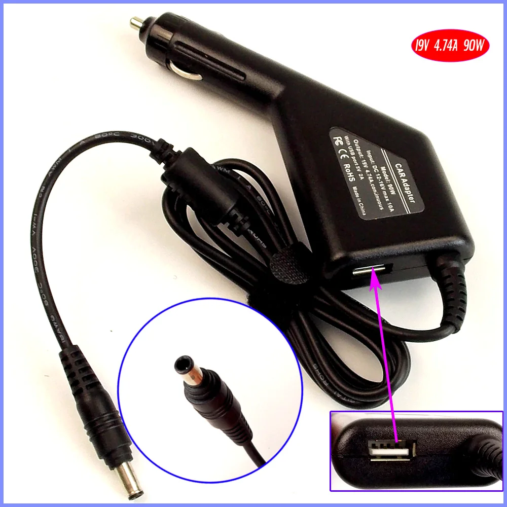 19V 4.74A 90W Laptop Car DC Adapter Charger + USB(5V 2A) for Samsung M30 M40 M50 M55 M60 M70 M350 V20 V25 V30 VM6000