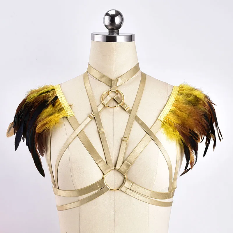 

Festival feather wing epaulettes Teal shoulder pieces Women Sexy festival clothing Pauldrons Spaulders Armor Body harness BDSM