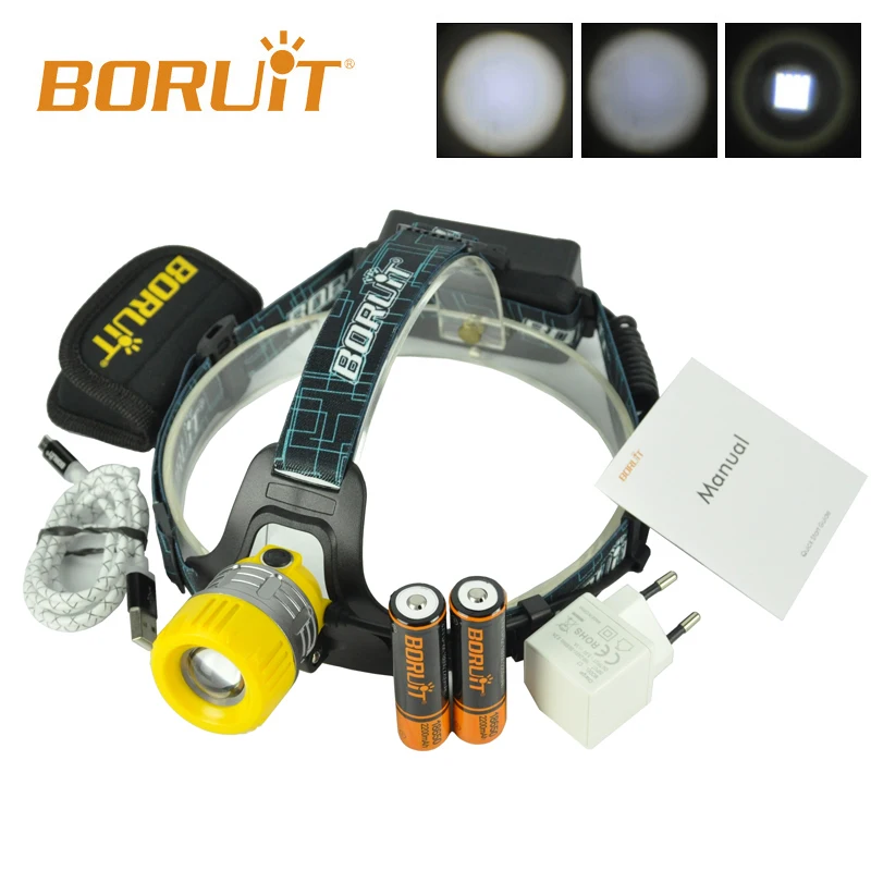 Boruit Модернизированный B11 XM-L T6 светодиодный налобный фонарь Перезаряжаемые масштабируемой головной светильник фонарь 18650 PCB батареи Micro USB желтого цвета