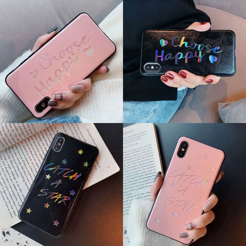 OTAO Leather Letter Phone Case For iPhone XS MAX XR X 8 7 6 6s Plus Bling Cases Laser Star Love Cartoon Cover Solid Color |