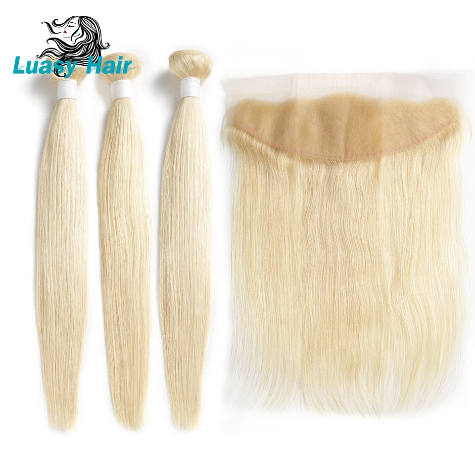 Luasy перуанские волосы Remy 613 блонд человеческие пряди с закрытием 13x4 от уха до